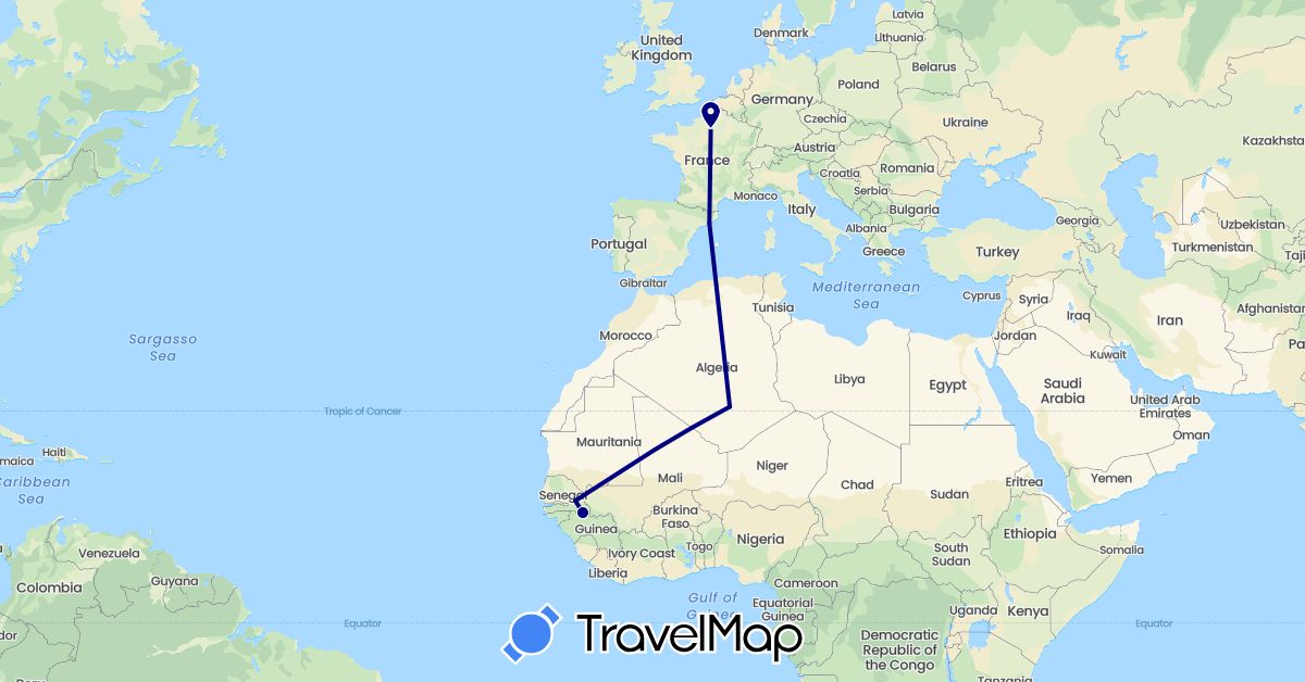 TravelMap itinerary: driving in Algeria, Spain, France, Senegal (Africa, Europe)