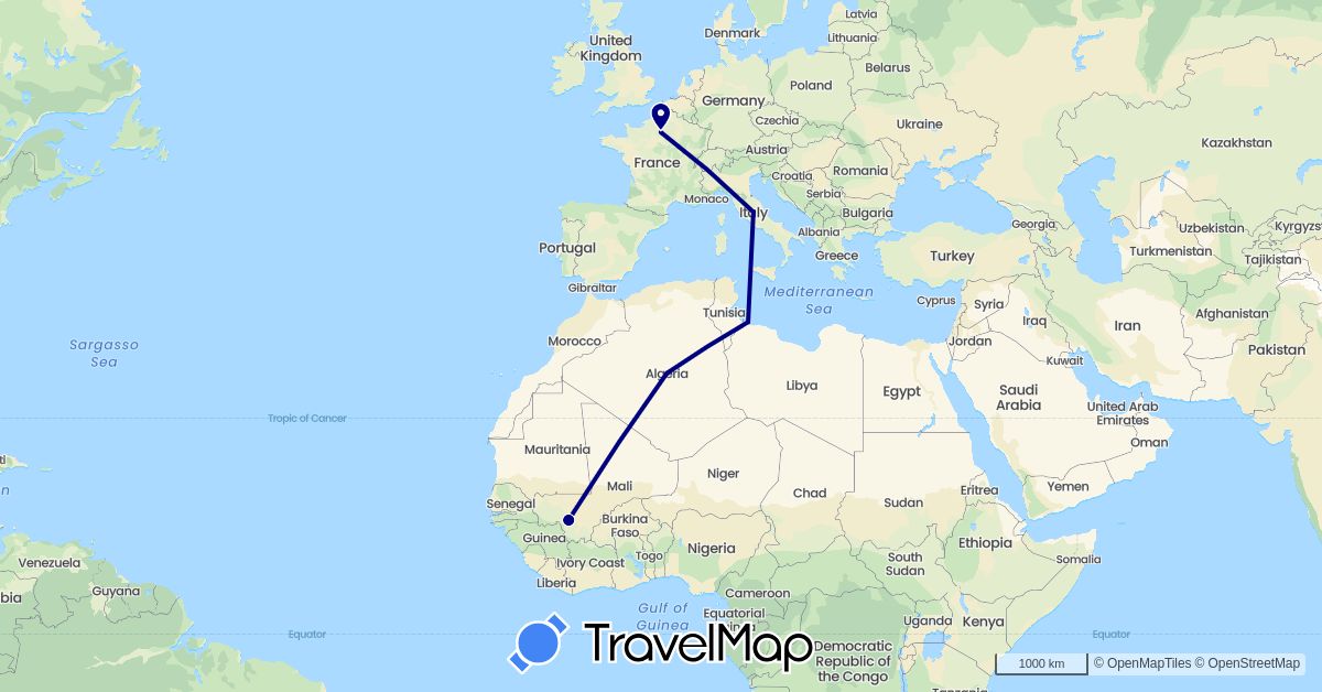 TravelMap itinerary: driving in Algeria, France, Italy, Libya, Mali (Africa, Europe)