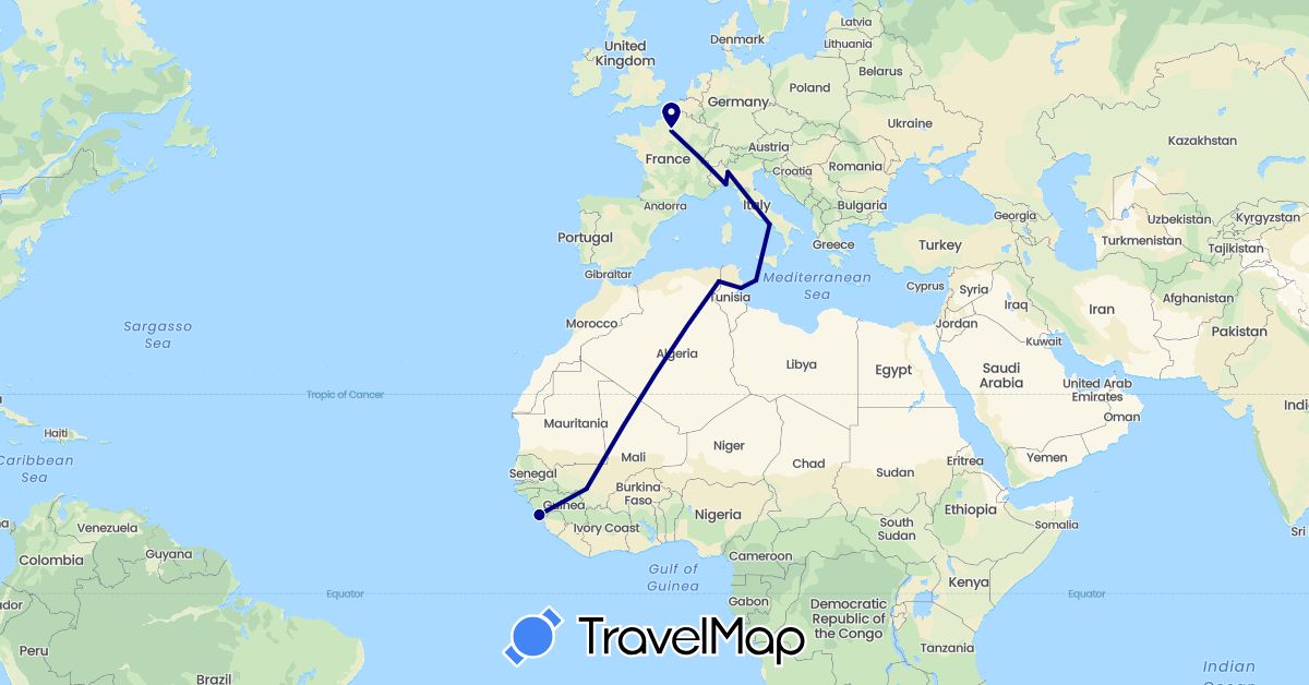 TravelMap itinerary: driving in Algeria, France, Guinea, Italy, Mali, Tunisia (Africa, Europe)