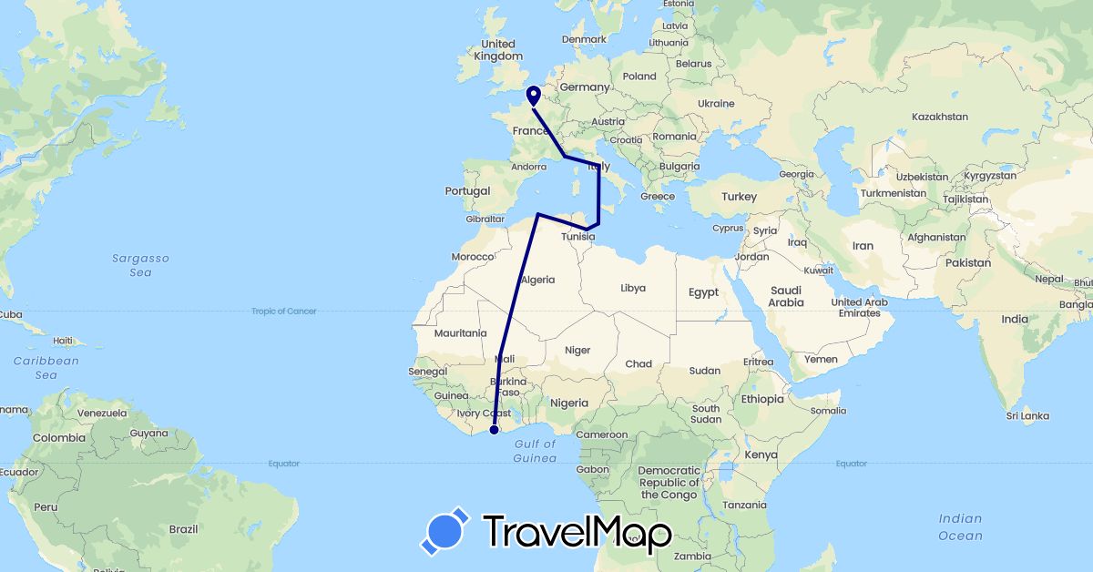 TravelMap itinerary: driving in Côte d'Ivoire, Algeria, France, Italy, Mali, Tunisia (Africa, Europe)